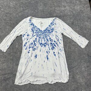 Miraclesuit Miraclebody Top Womens Large White Blue 3/4 Sleeve Slimming Stretch